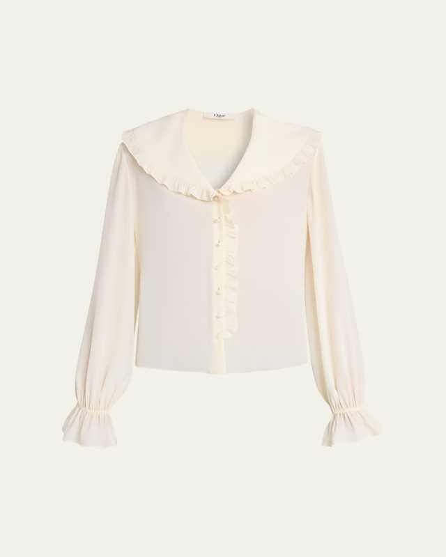 Bertha-Collar Ruffle Button-Down Silk Blouse